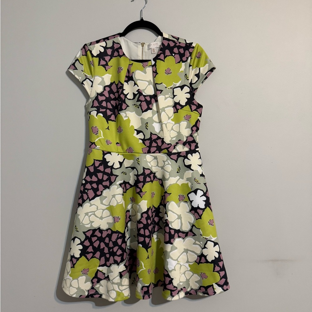 Ted Baker Floral Print Fit-Flare Dress Green Purple White Summer Cocktail Party